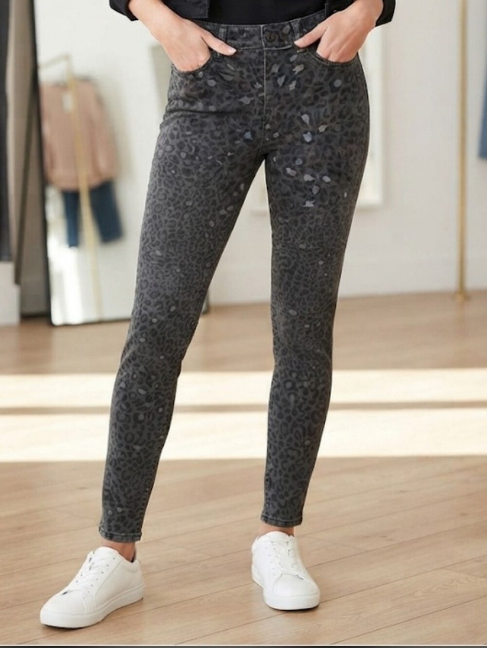 Time and Tru Charcoal Gray Black Leopard Print Stretch Jeggings Size S (4-6)